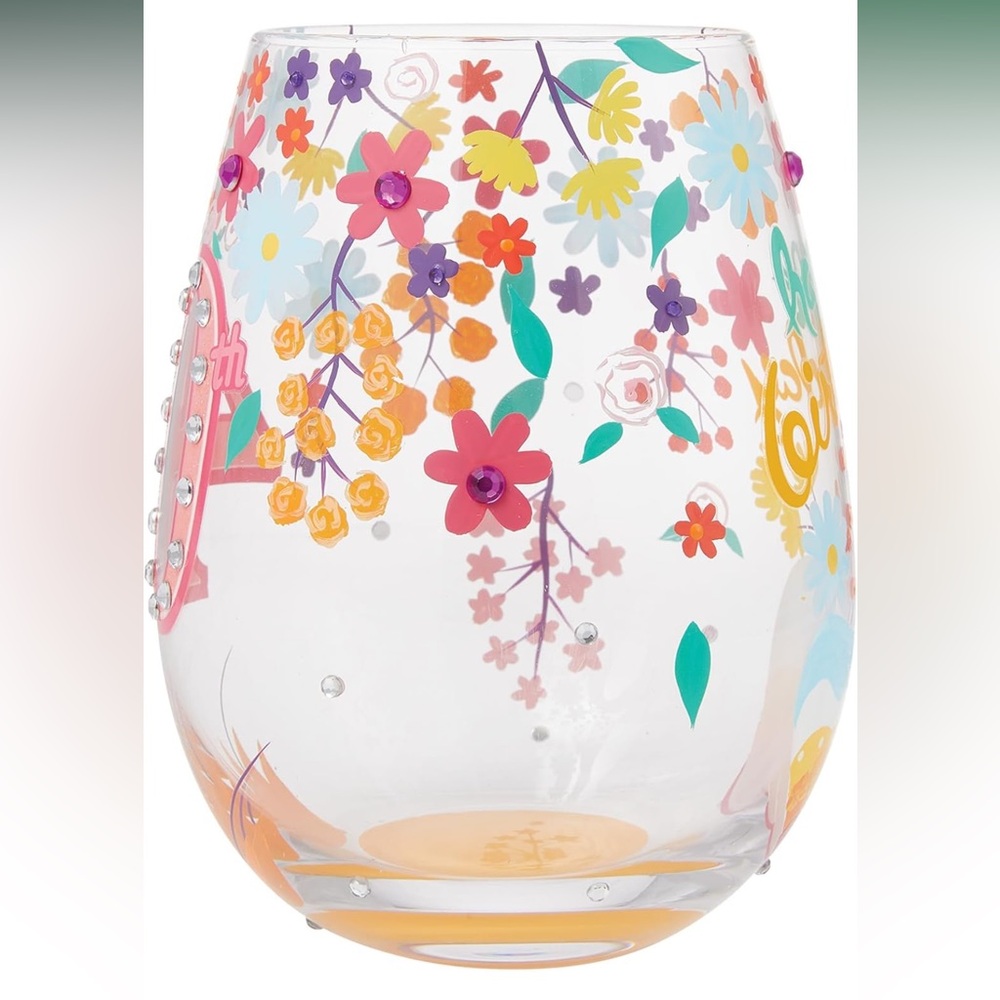 {Lolita} Colorful Floral 40th Celebration Stemless Wine Glass - Picture 2 of 9